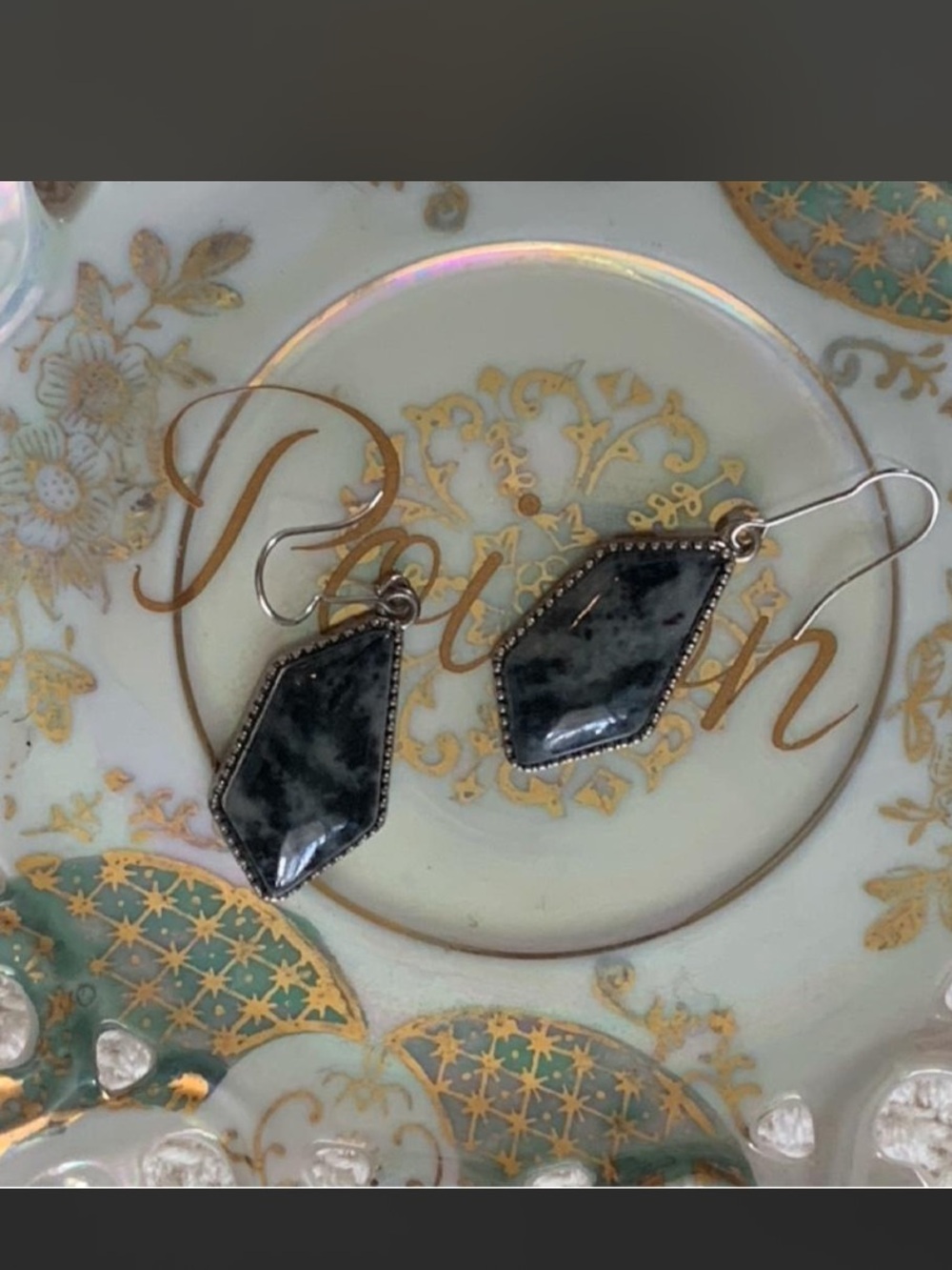 Black Gray Marbled Stone Geometric Drop Earrings Silver Tone